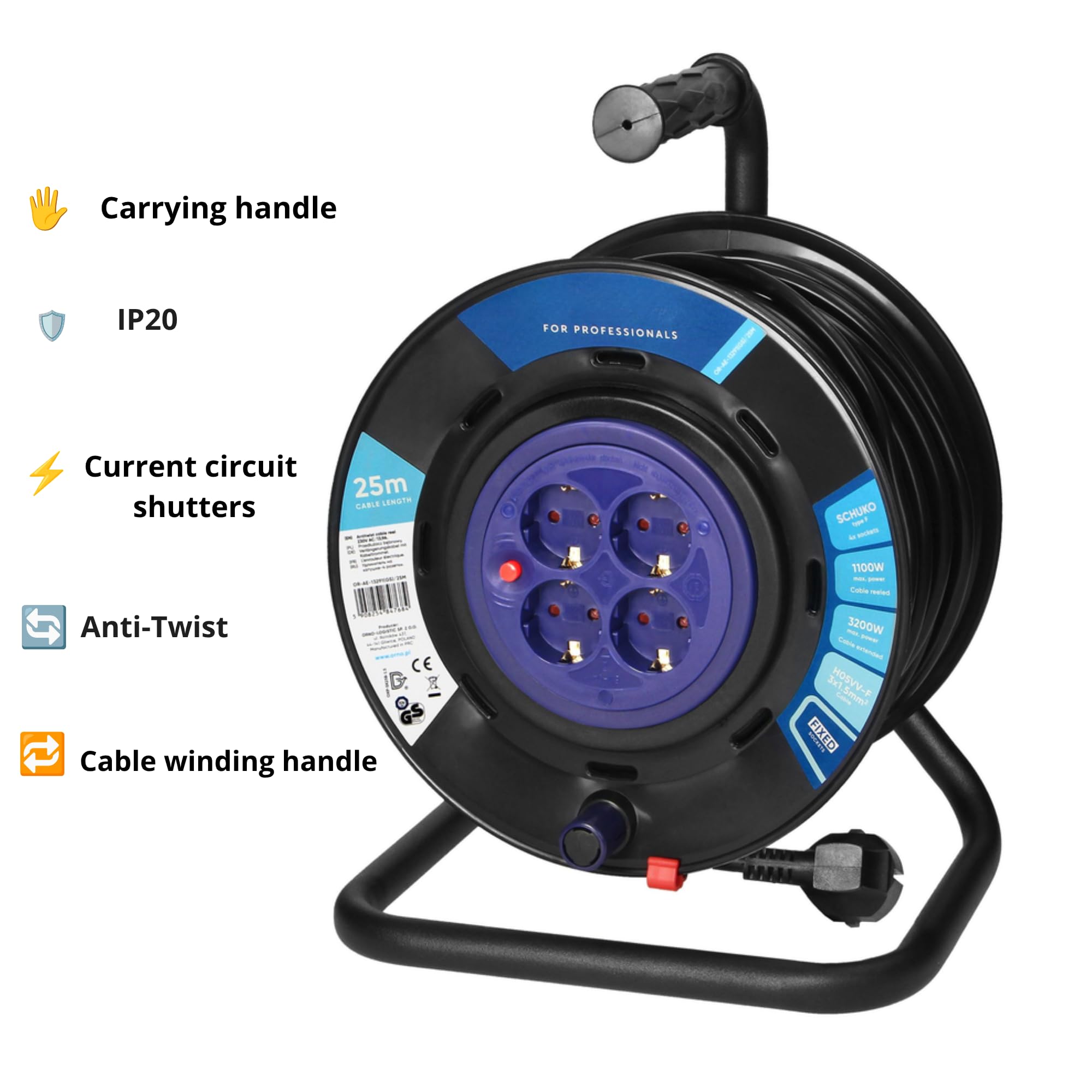 Tambor Alargador Enchufe | Enrollador de Cable con 4 Tomas Schuko 2P+T | Cable PVC H05VV-F 3G1,5mm² | Disyuntor Térmico y Cortacircuitos | IP20 Interior (25 metros)