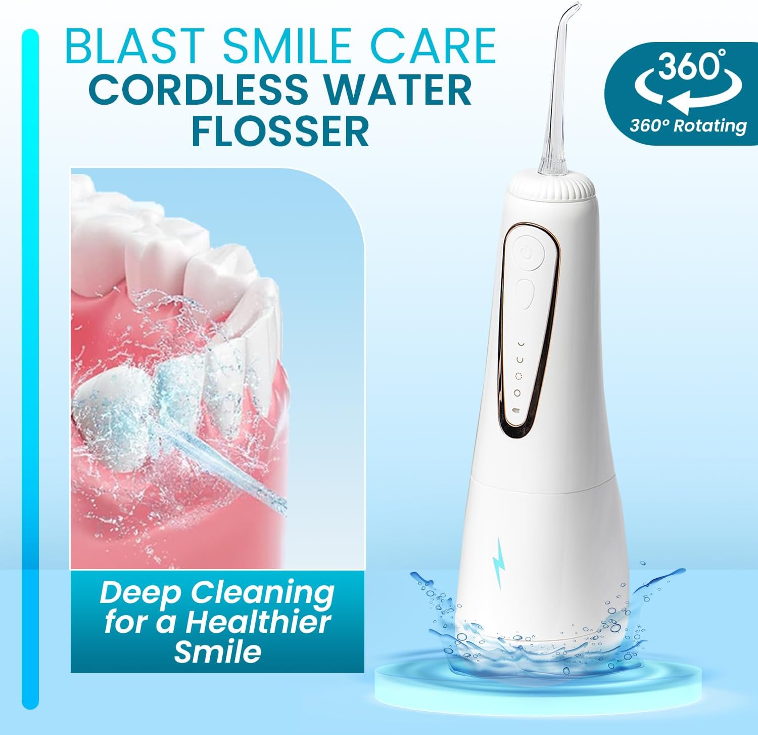 Cordless Water Flosser with 360° Rotating Tip for Easy Reach - Water Dental Flosser for Braces & Dental Care - Electric Water Flosser with USB Charger, Ideal for Travel & Everyday Use