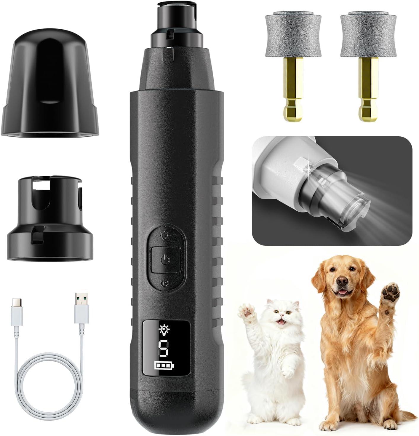 Broyeur à ongles pour chien Silent Groom Pro, broyeur à ongles pour chien à 5 vitesses avec lumière LED, 40 dB, toilettage silencieux et indolore des pattes pour chiens de petite, moyenne et