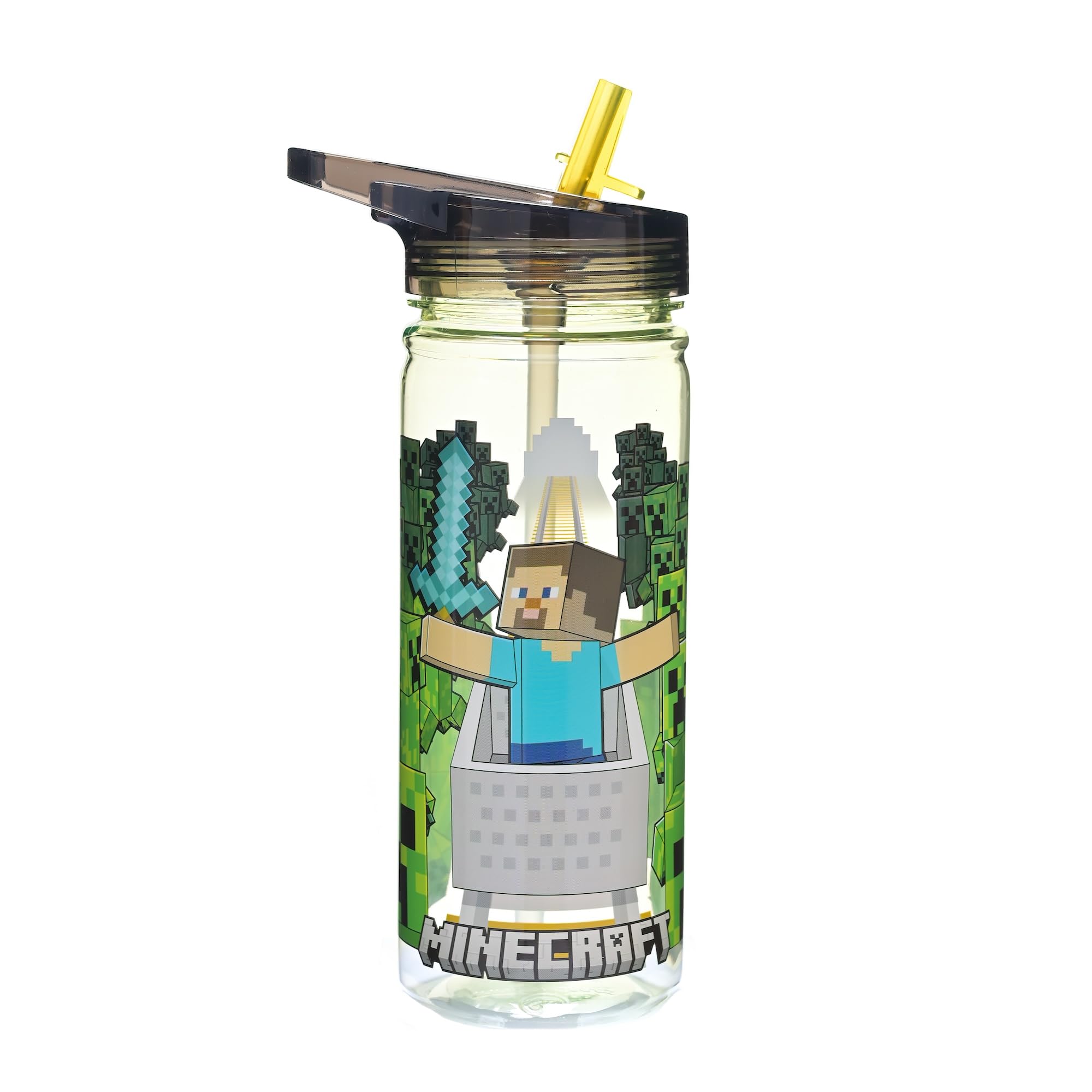 Minecraft 580ml BPA-Free Kids Water Bottle with Flip Straw Lid โ Officially Licensed, Leakproof Reusable Drink Bottle for School, Sports & Travel featuring Steve and Creepers