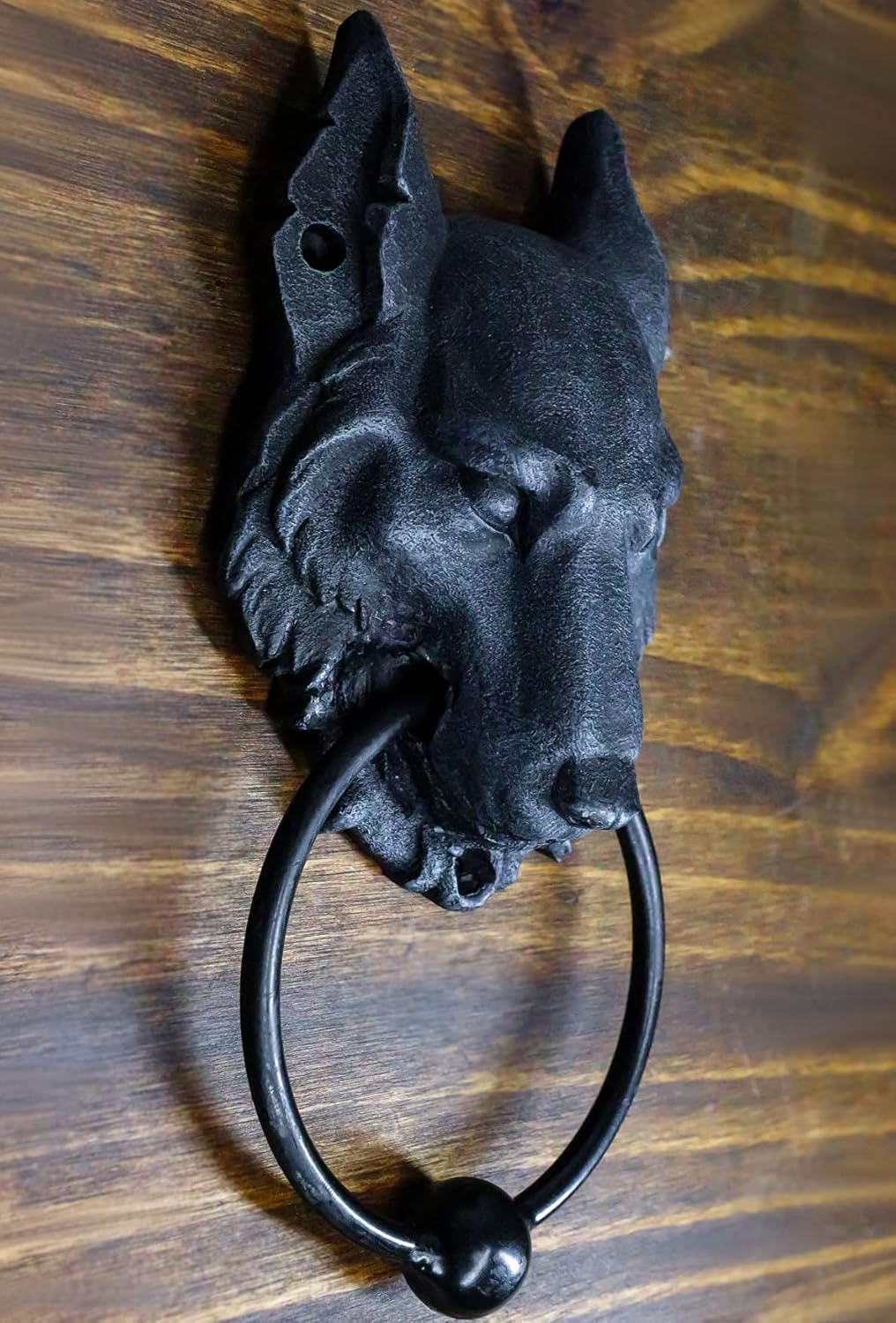 Ebros Gothic Gargoyle Moon Ghost Alpha Wolf Head Door Knocker With Metal Ring Knocking Ball Sculpture Howling Wolves Timberwolves Animal Spirit Accent