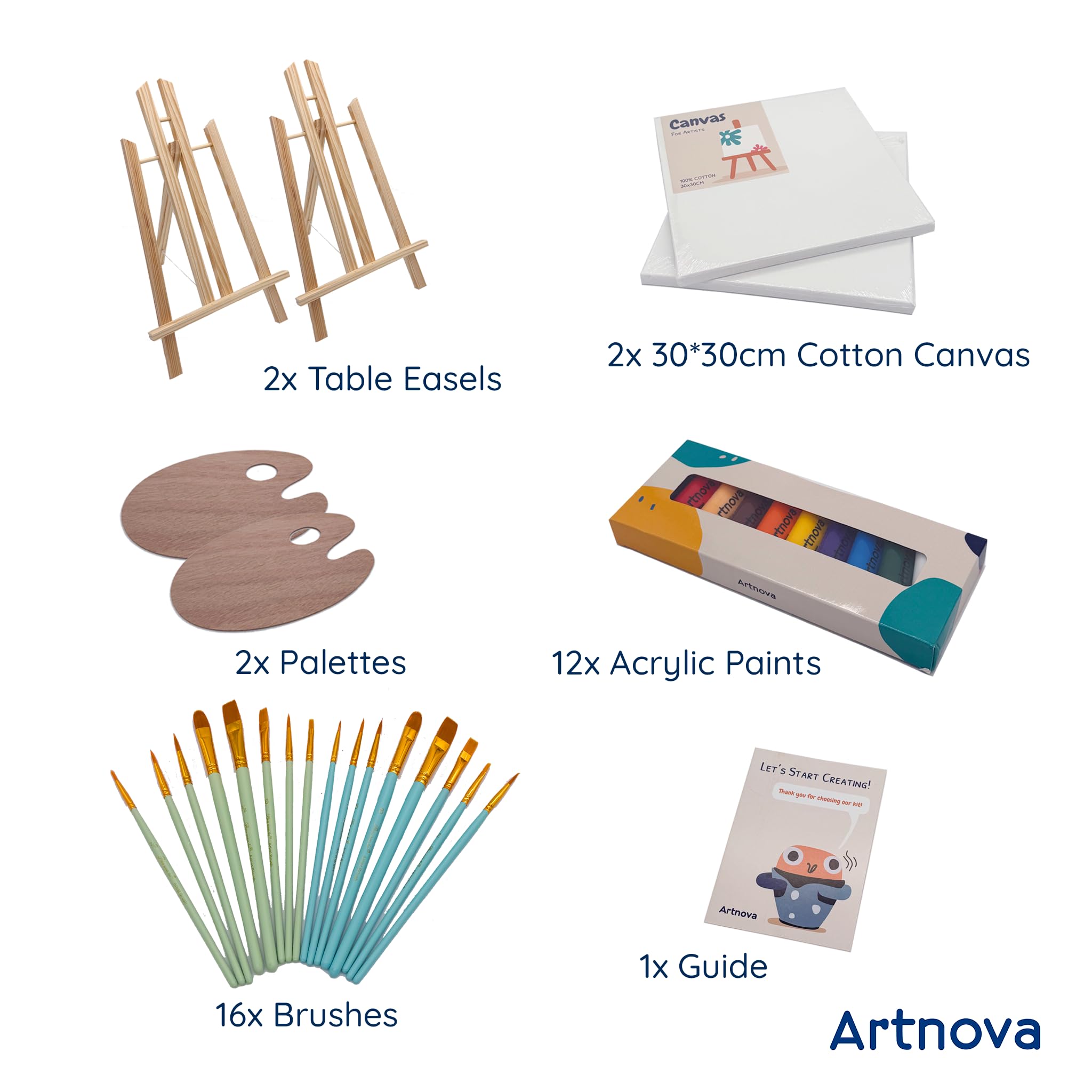Artnova Kit de pintura para 2 personas – Set DIY con 2 lienzos, caballetes, pinceles, paletas, pinturas acrílicas y guía, ideal para retratos, regalo creativo para pareja, amigos o principiantes