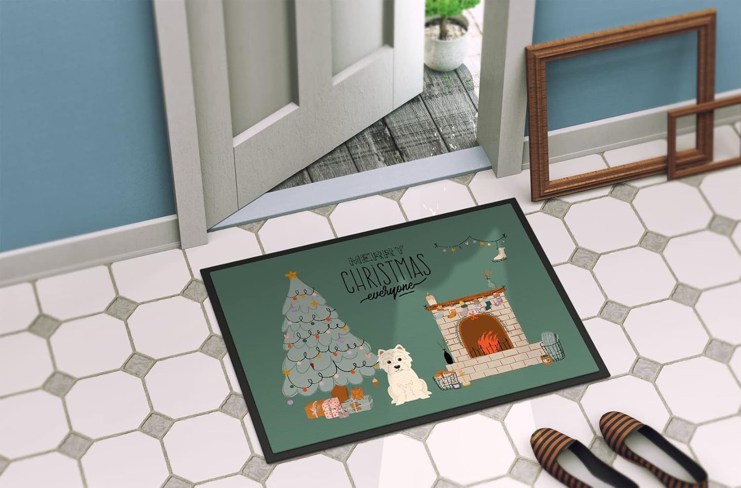 Caroline's Treasures CK7605JMAT Westie Christmas Everyone Doormat 24x36 Front Door Mat Indoor Outdoor Rugs for Entryway, Non Slip Washable Low Pile, 24H X 36W