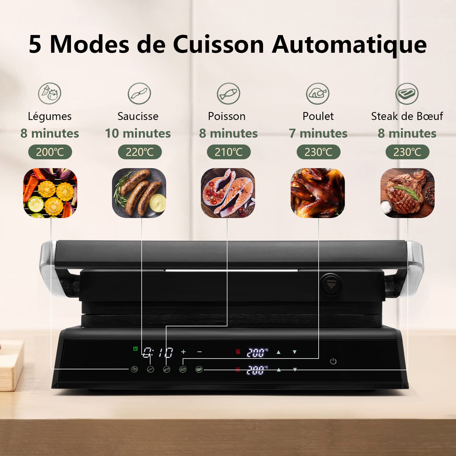 RELAX4LIFE Grill Électrique 2000W Sans BPA avec Rainure Double Faces, Panneau Contrôle Digital, Plaques Amovibles 33x26,5cm, Ouverture à 180º,Barbecue 5 Niveau Réglable, Noir (noir) IW54531HI-FOFR