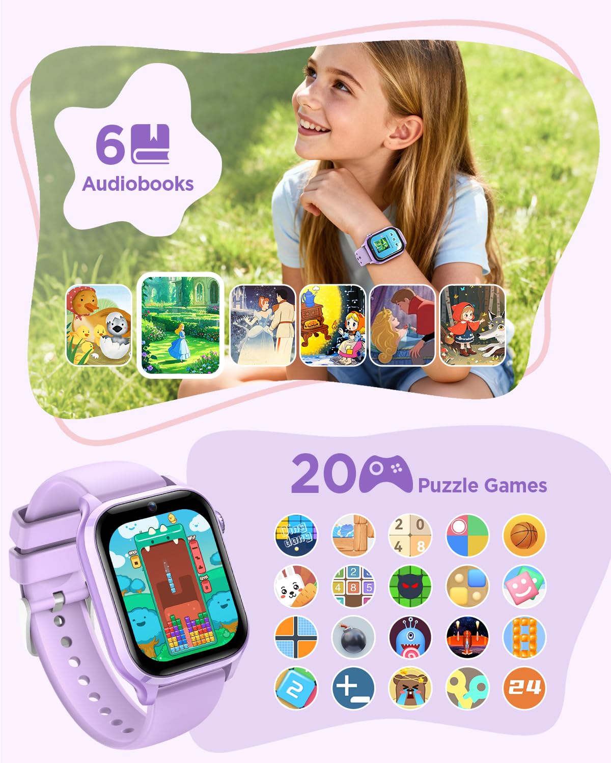 RUXINGX 2025 Smartwatch Bambini, 1,52" Orologio Smartwatch Bambina con 170+ Sports, Pet Digitale,Frequenza Cardiaca, Sonno, Audiolibri, Flashcard, 20 Giochi, Contapassi IP68, 4-12 Anni Regalo, Viola