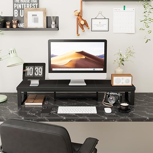 Miniatura 3 de IBUYKE Soporte elevador grande para monitor doble para 2 monitores, soporte de madera para monitor de computadora de escritorio, estante de