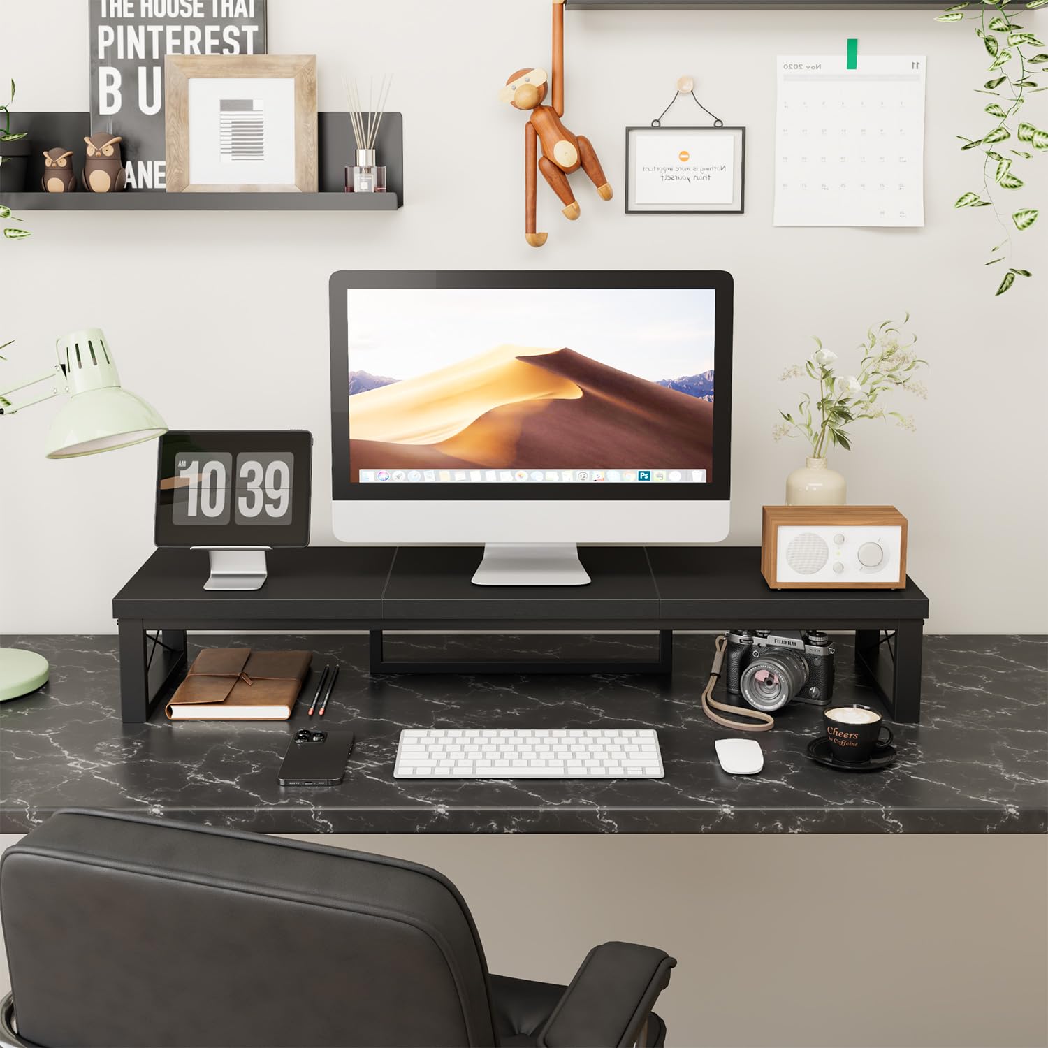 IBUYKE Podwójny stojak na monitor, podwyższenie ekranu komputera, 97 cm, drewniany, z miejscem do przechowywania, stolik biurowy z podwójnym ekranem, stojak na monitor do komputera, drukarki, laptopa