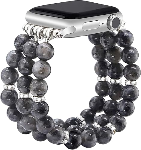 Miniatura 9 de JR.DM Correas de cuentas de piedra natural compatibles con Apple Watch Series 9, 8, 7, 6, 5, 4, 3, 2, 1, correa elástica bohemia para iWatch de