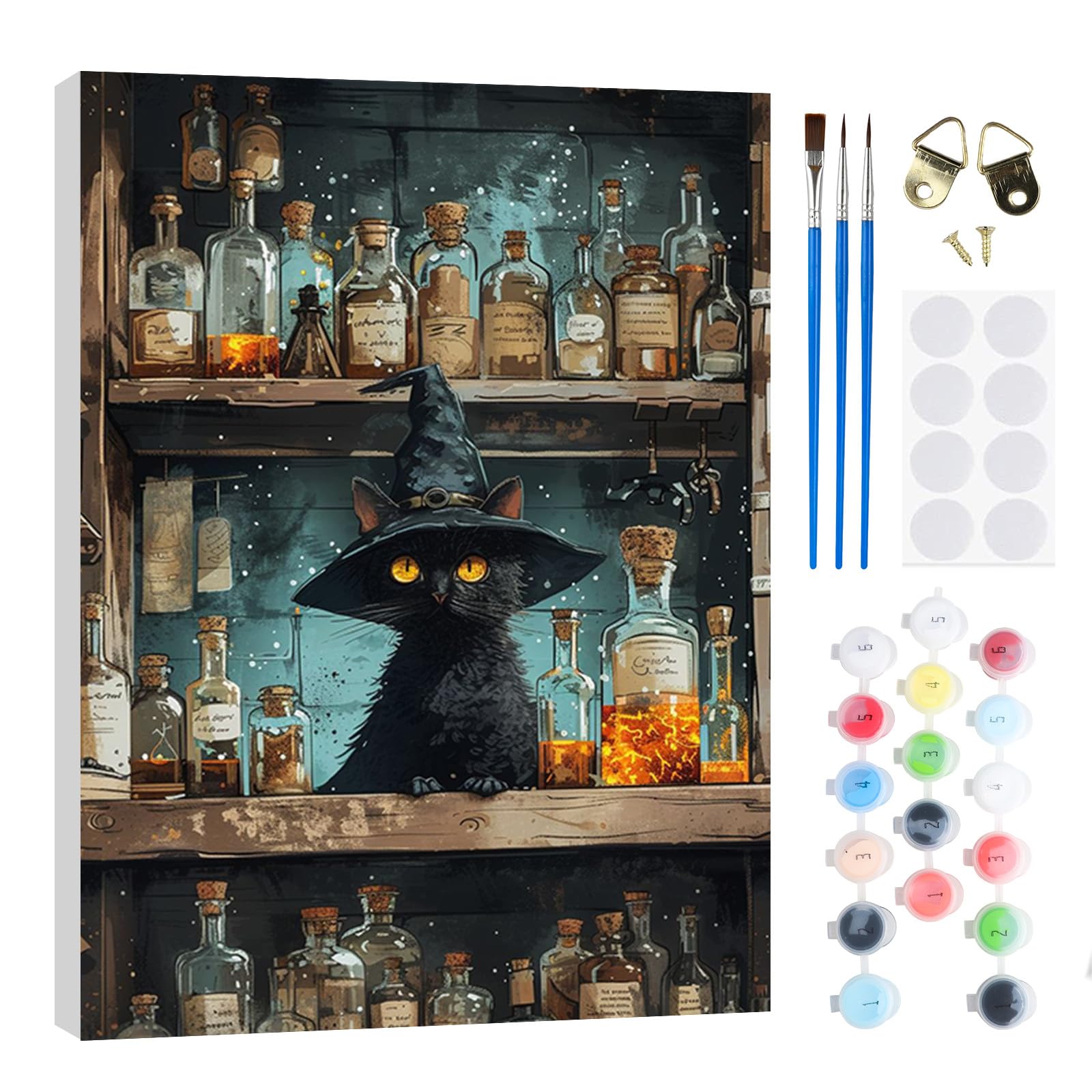 RICUVED Magic Cat Painting by Number Kits for Adult, DIY Animal Canvas Oil Painting Kit for Kids or Beginner with Paint Brushes Acrylic Pigment Drawing Paintwork with Wooden Frame 20x30cm