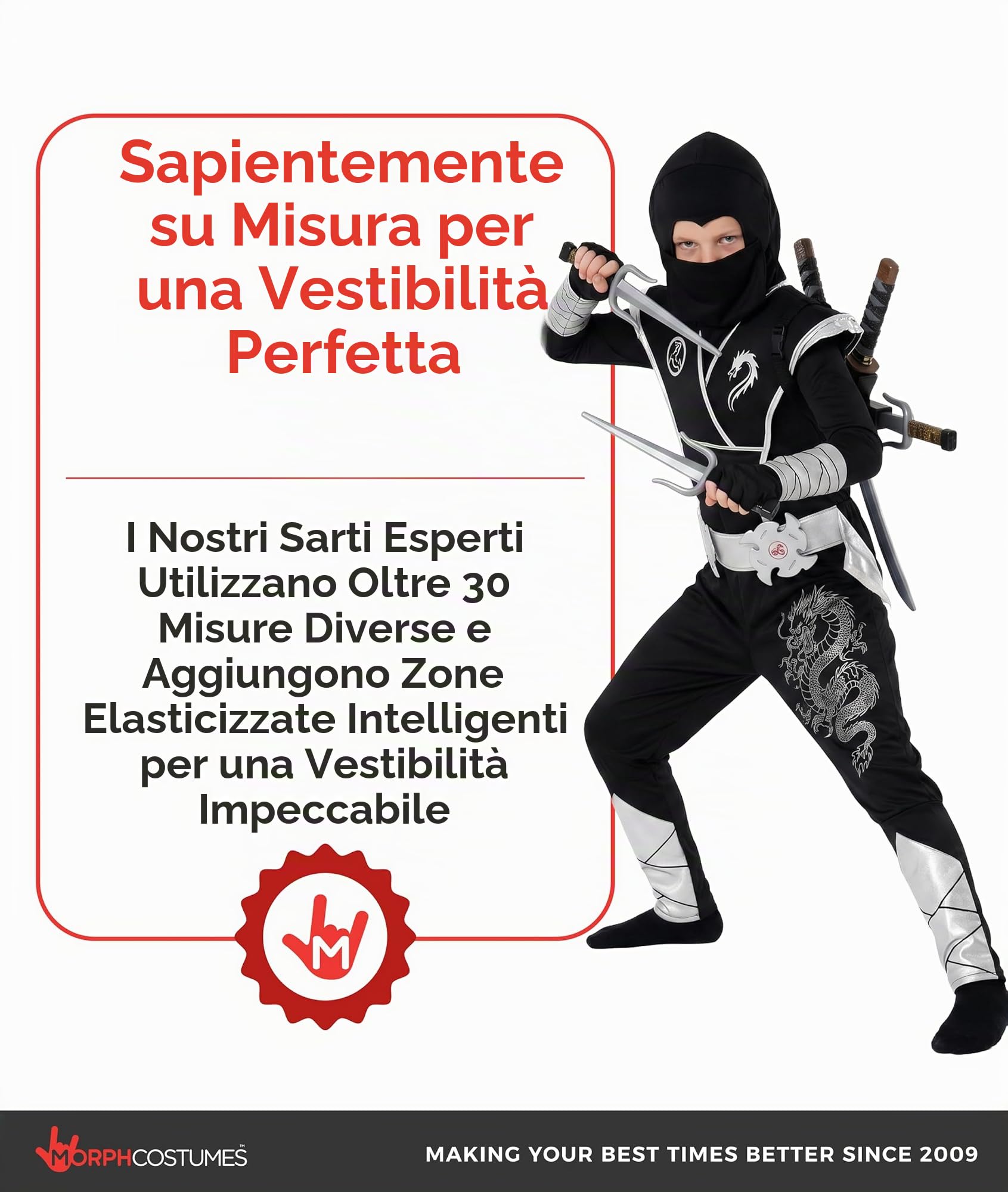 Morph Costume Ninja Bambino Argento - Vestito Carnevale per Bambini, Abito Ninja per Feste, Halloween e Compleanni.
