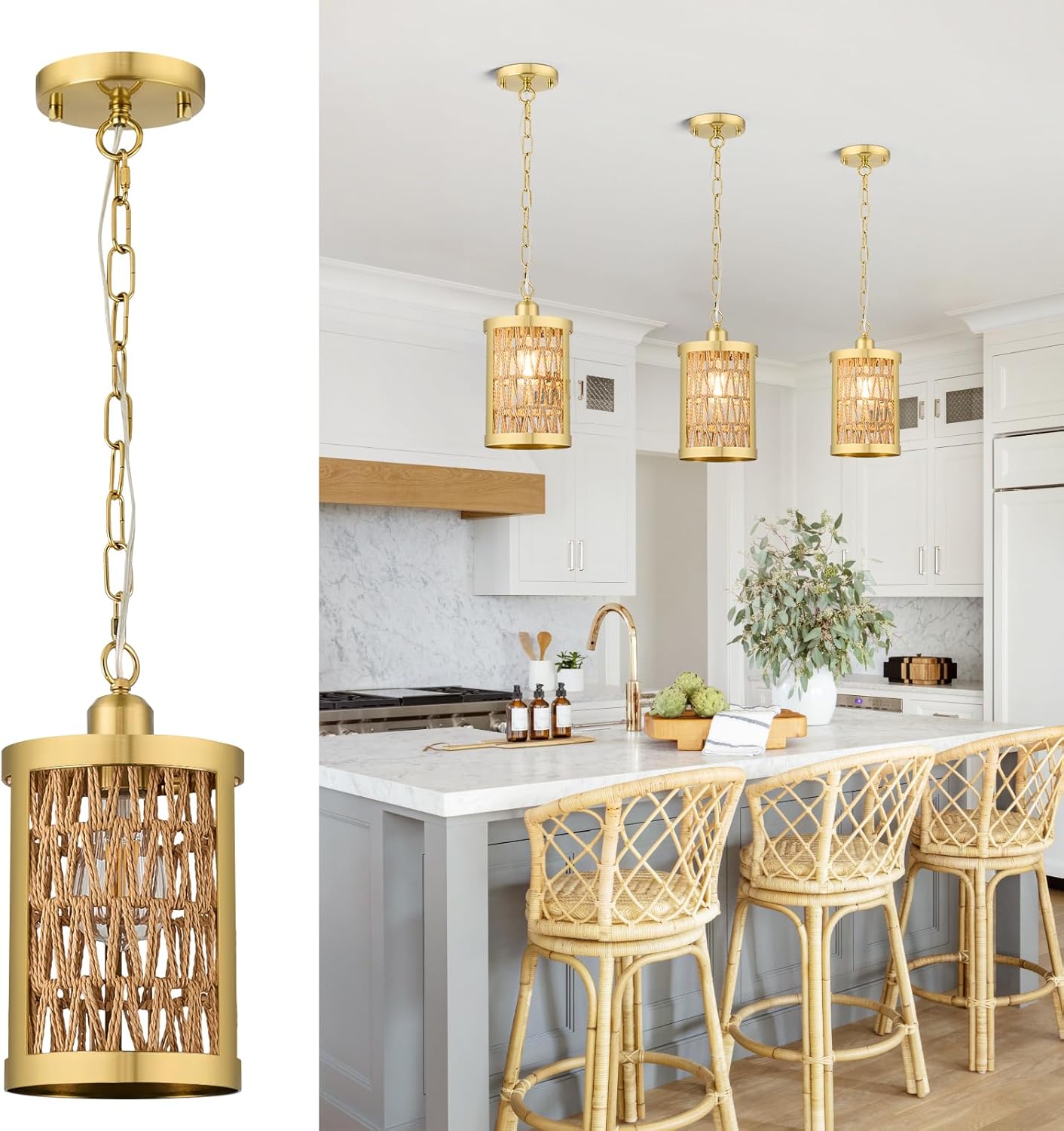 Rattan Pendant Lights Kitchen Island, 1-Light Farmhouse Wicker Woven Pendant Light Fixtures with Chain, Gold Industrial Boho Hanging Lighting for Kitchen Sink Dining Room, PE9501BG-BR-1PK Gold + Natural 1 PCS