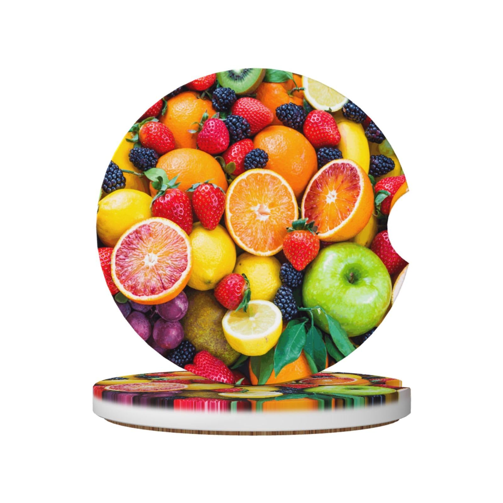 Fresh Fruits, Car Cup Holder Coasters 2 Pack, Absorbent Ceramic Car Coasters with Non Slip Cork Base