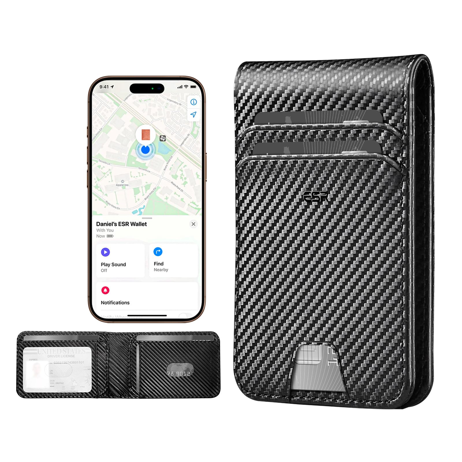ESR Wallet for Men with Find My Functionality, 11 Card Holder,RFID Blocking | Not for Magsafe, iOS Only, Slim and Smart Find My Wallet, Replacement for AirTag Wallet Tracker, Black Carbon Fiber