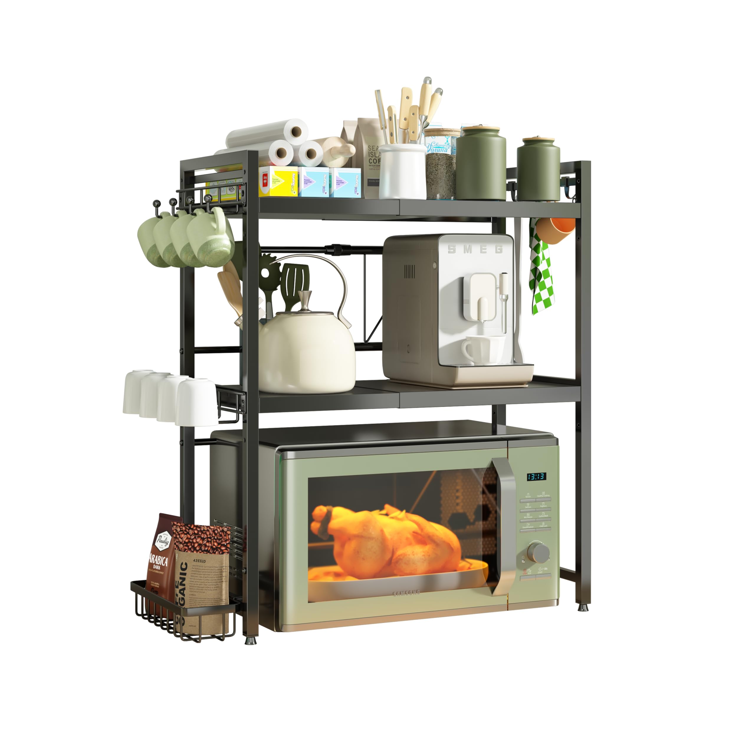 NETEL Expandable Microwave Shelf, 3-Tier Microwave Stand with Spice Basket, Coffee Station Organizer with Large 8 Hooks, Mug Holder, Bakers Rack with Small 8 Plastic Hooks,Kitchen Countertop Organiser — image 1