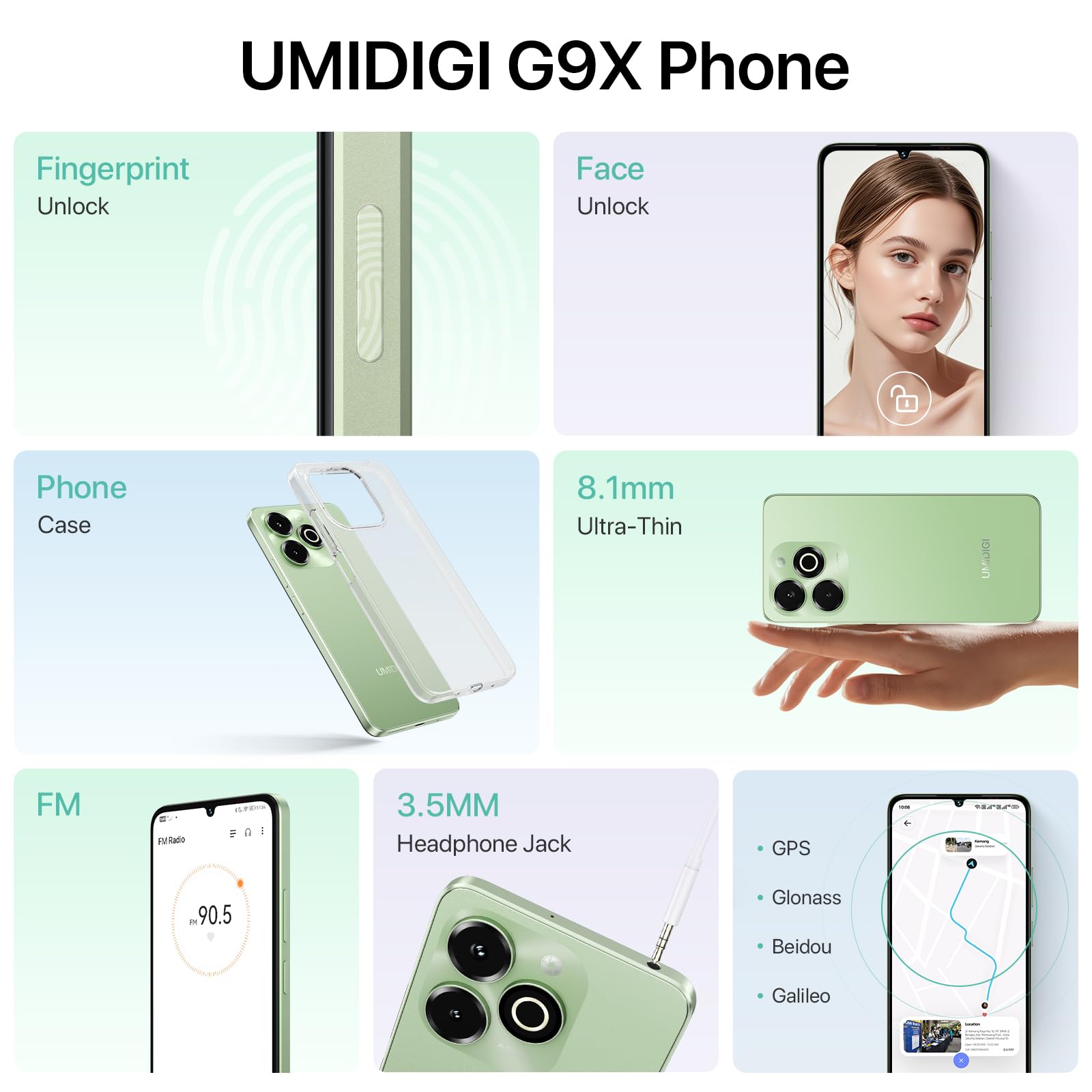 UMIDIGI G9X Unlocked Cell Phone,6.75" 90Hz Display Smart Phone,Android 14,5000mAh,Octa-Core 8(4+4)+64GB 1TB,Face ID Unlock,4G Dual SIM Phone,GPS,FM Radio,Show captions,Unlocked Android Phones
