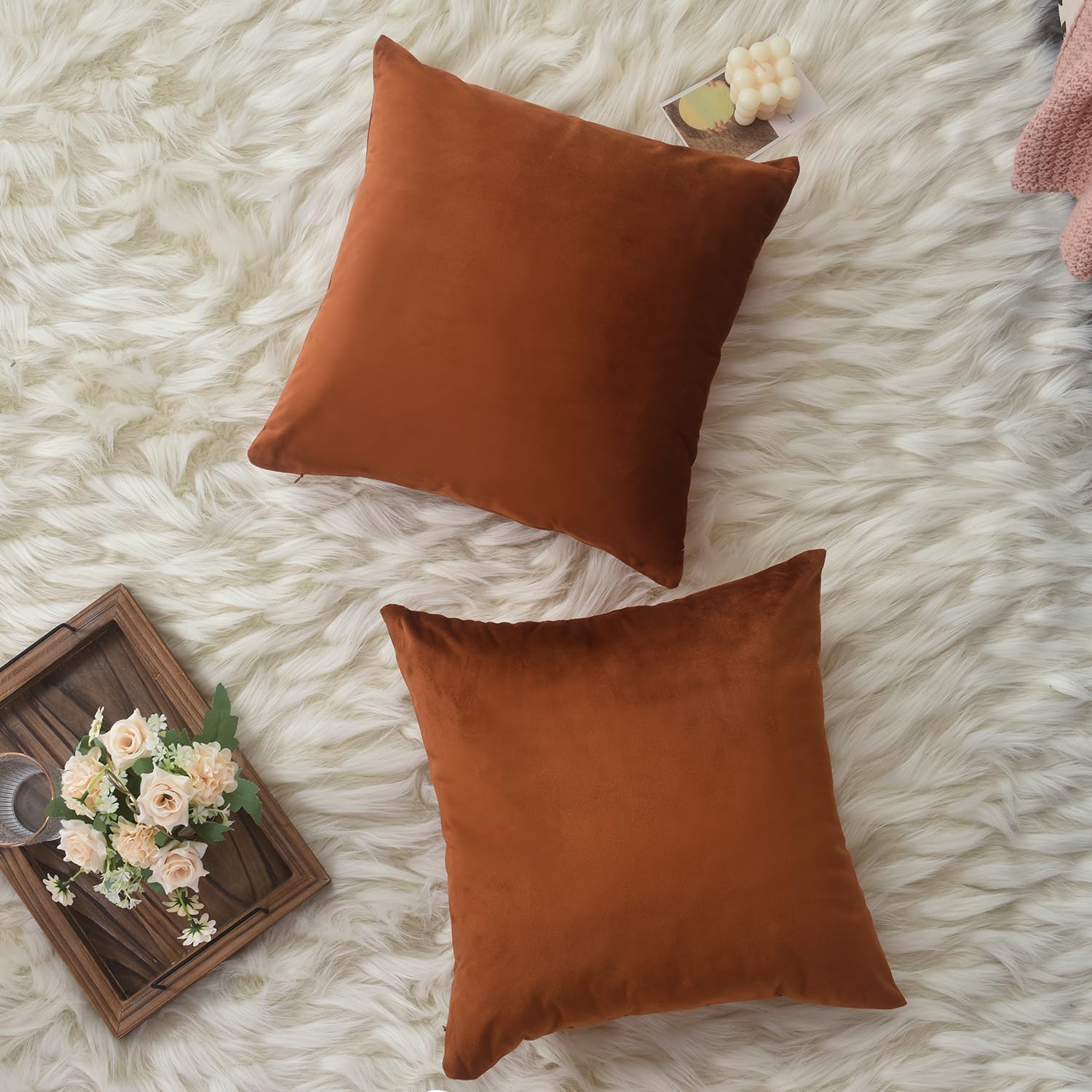 ZIMEL HOMES Velvet Cushion Covers Pack of 2 Decorative Covers Square & Rectangle Throw Pillow Cases 43 x 43 cm and 30 x 51 cm (43 x 43 cm (Square), Orange)