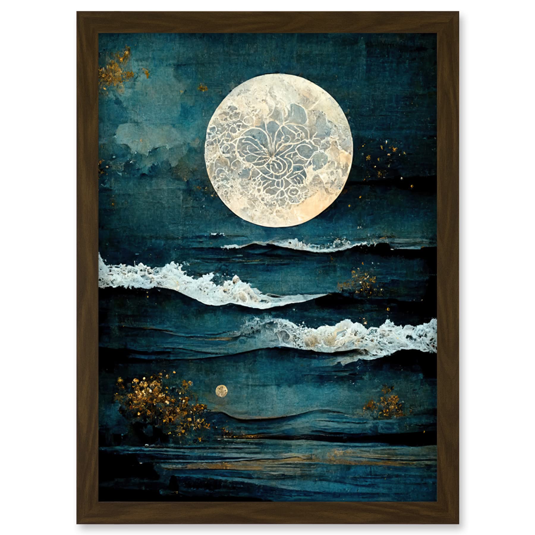 Large Full Moon Seascape Artwork - Golden Algae Wave Foam - Framed Wall Art Print - A4
