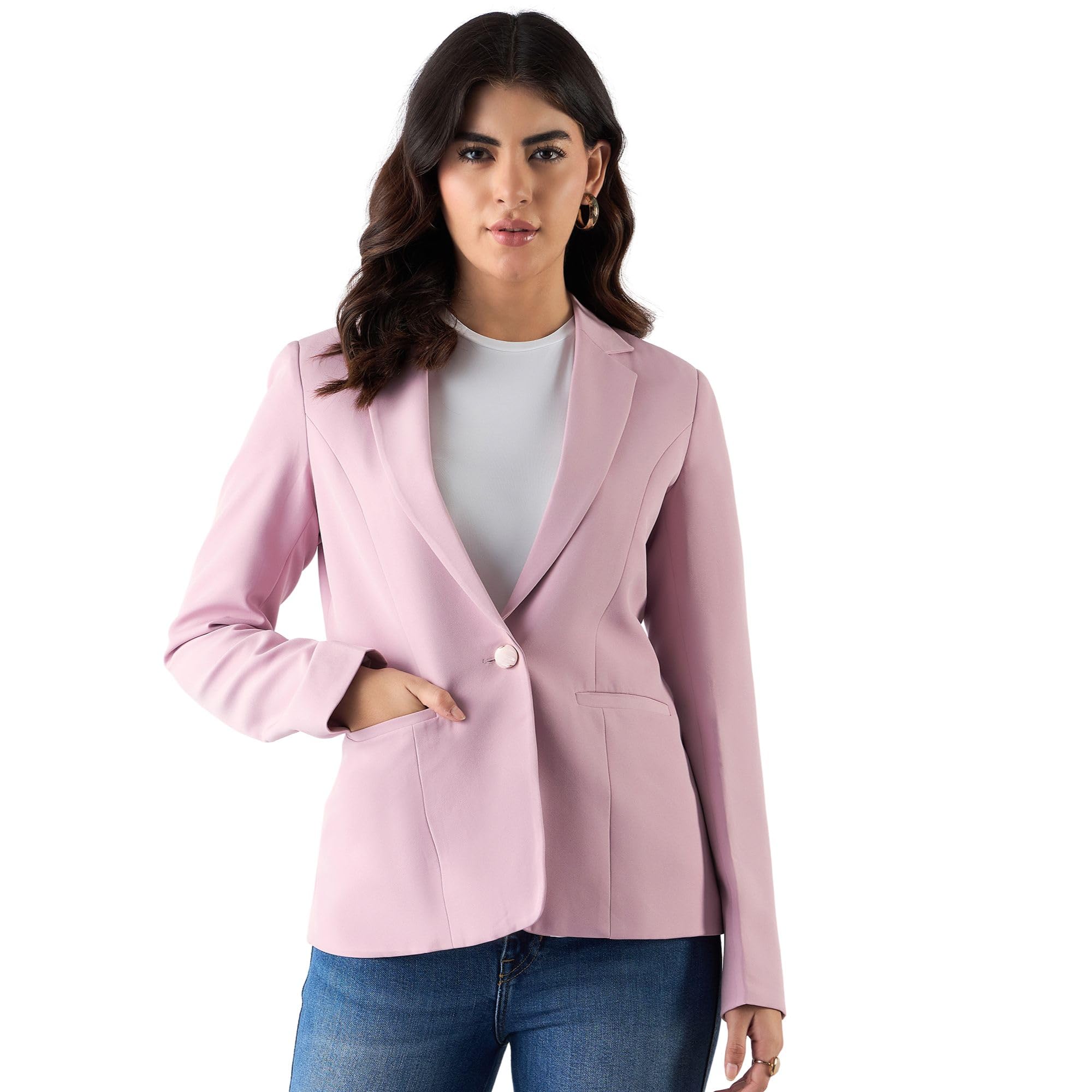 Women’s Pink Casual Solid Blazer | Single Button | Notched Lapel | Long Sleeves | Slim Fit | Single-Breasted | Smart-Casual Formal Office Wear