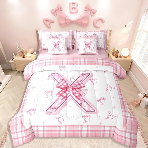Erosebridal Pink Coquette Bow Comforter Set 7 Piece Bed in A Bag Twin,Chic Alpha