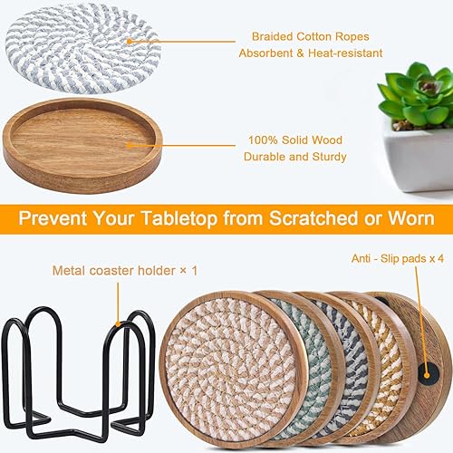 Miniatura 5 de Juego de 5 posavasos absorbentes para bebidas, posavasos tejidos con soporte, regalo de inauguración de la casa para decoración del hogar de granja,