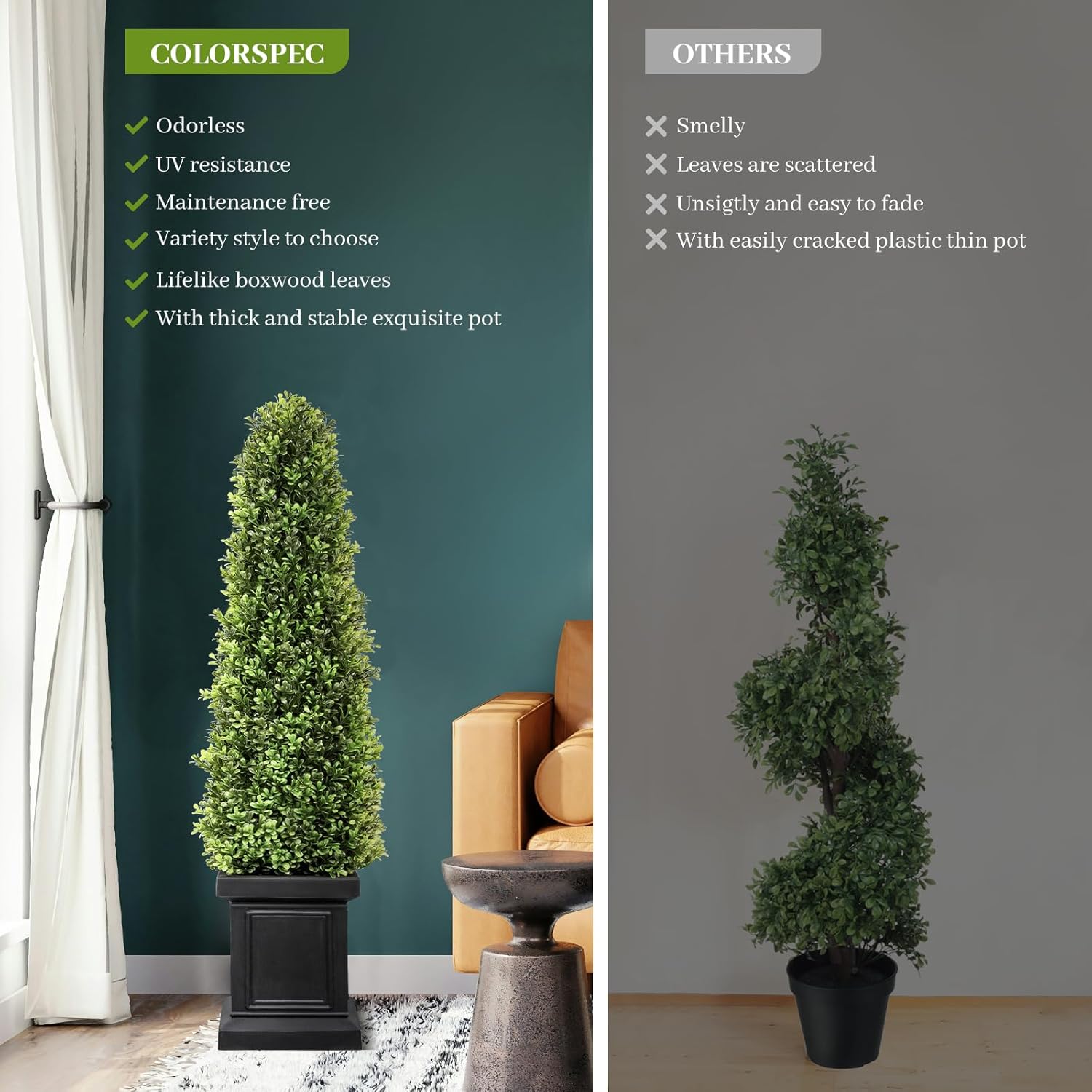 3.5ft Boxwood Outdoor Topiary Set of 2, Tall All Year Green Fake Plant Topiary Trees Artificial Outdoor Porch Trees with Sturdy Pot for Outdoor Indoor (Square) - Image 4