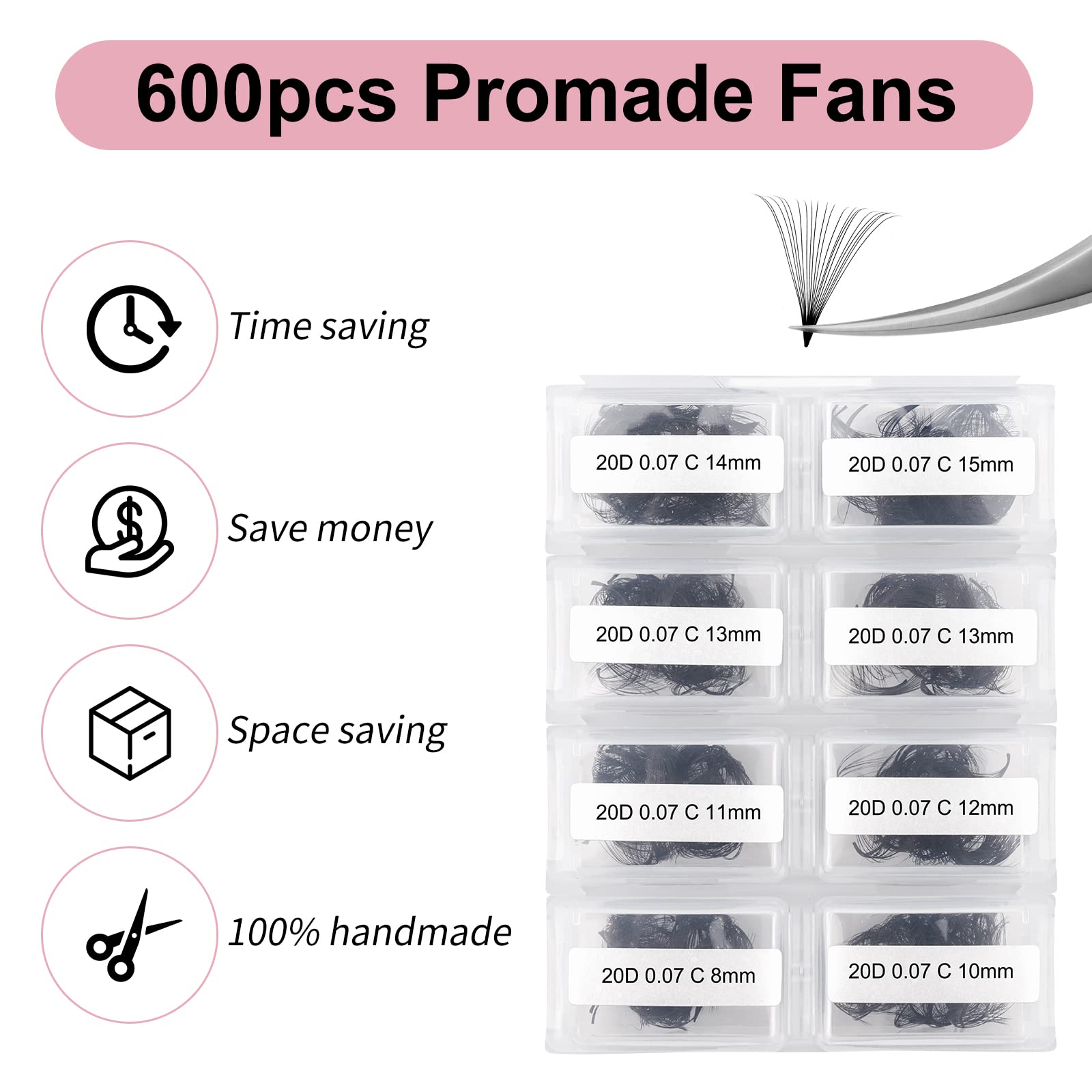Fadlash Promades Eyelash 20D 0.07mm C Curl 8-15mm Mixed Length Volume Lash Extensions Loose Fans Pre Made Volume Lashes 600pcs - Image 2