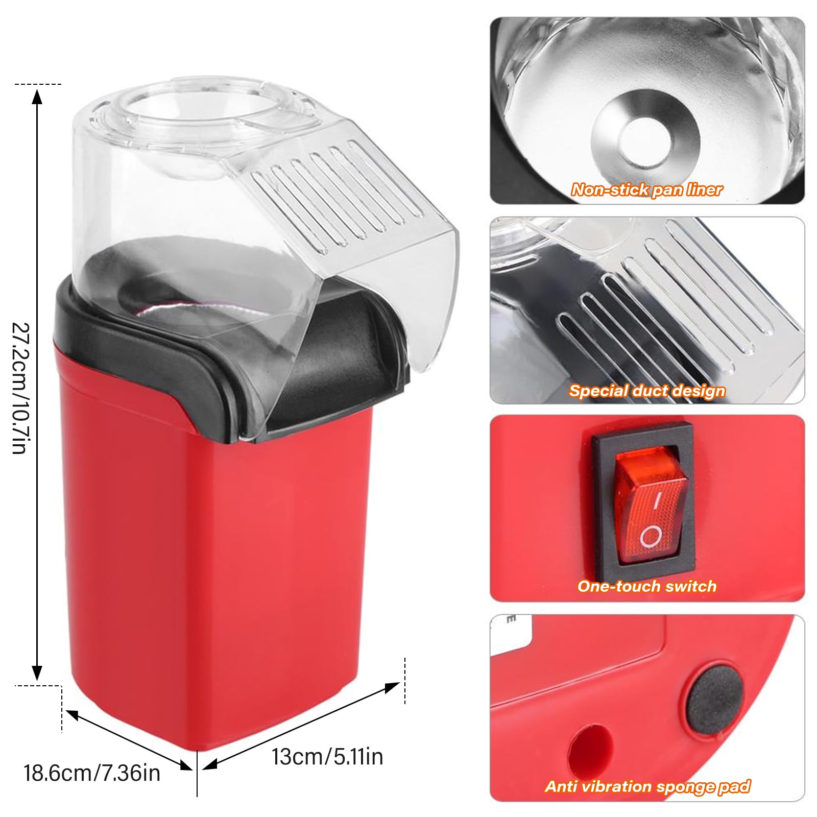 Macchina Popcorn,1200W 220V Macchina Per Popcorn,Macchina Per Pop Corn Retro,Macchina Pop Corn Ad Aria Calda Per Home Theater,Serate Cinema,Feste,Rosso,3 Minuti Veloce E Facile