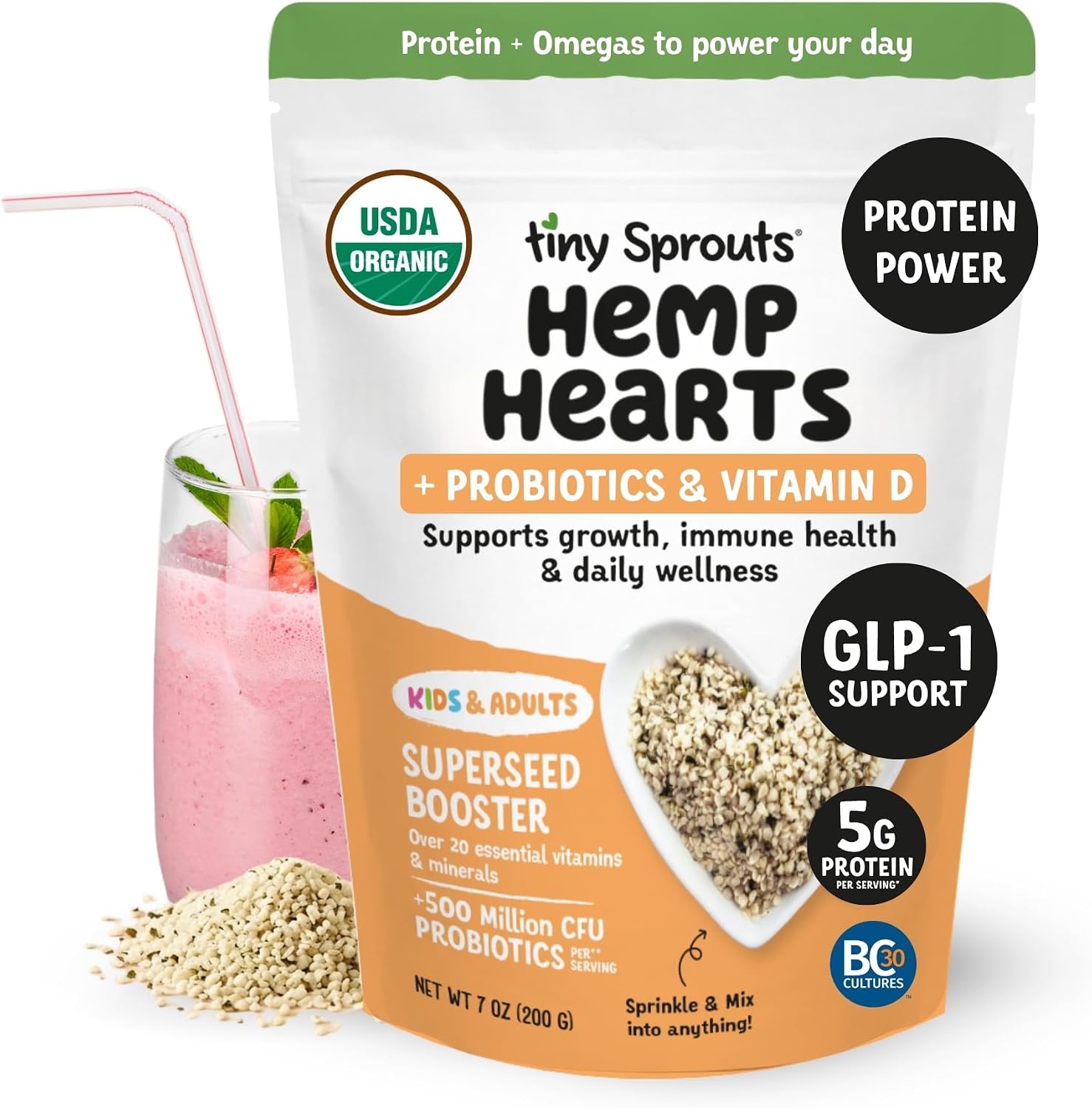 Tiny Sprouts Organic Hemp Hearts + Full Serving Probiotic + Vitamin D3 | Superfood Protein Booster for Kids & Adults | Omega-3, Iron, Magnesium, Zinc | Brain & Immune Support | Gluten-Free | 7 oz