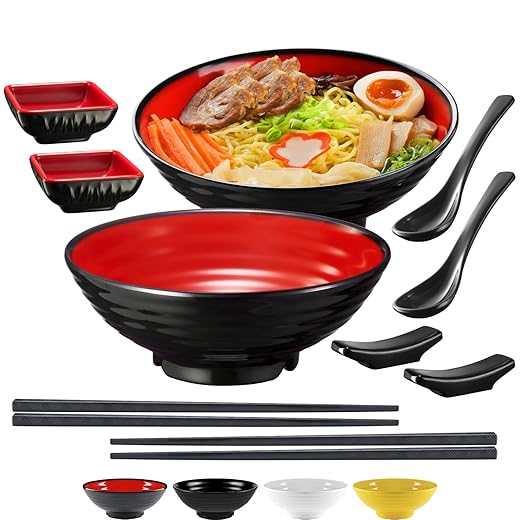 Unbreakable Ramen Bowl Set with Chopsticks and Spoon: 2 large Japanese Style Melamine Ramen Bowls, Dipping Bowls and Chopstick Stands for Asian Pho Soup Thai Miso Udon Wonton (2 Bowl Set, Red-Black)