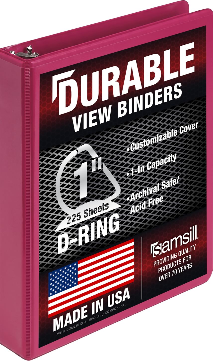 Samsill Durable 1 Inch Binder, D Ring Binder, Customizable Clear View Cover, Magenta, Holds 225 Pages