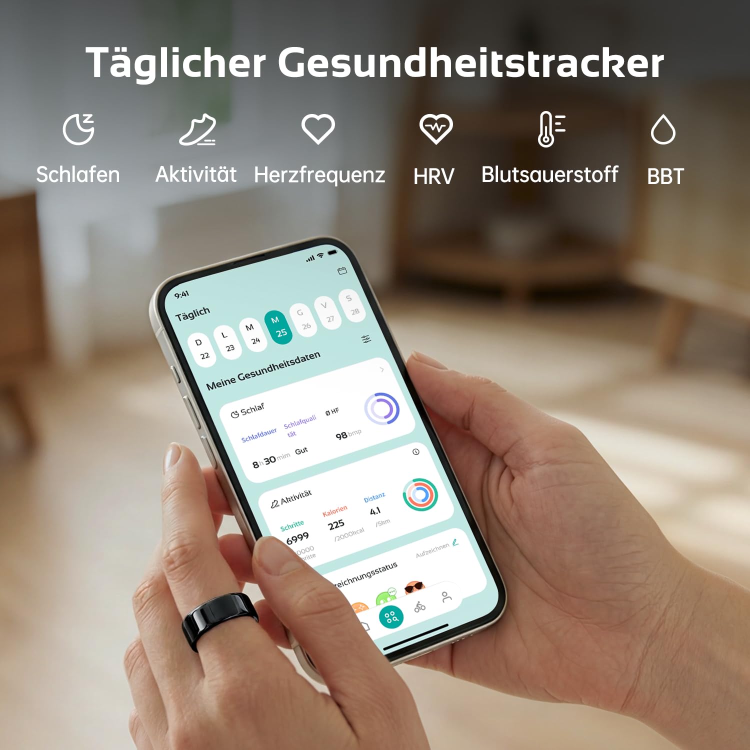 O Ring Smart Ring, Fitness Ring Tracker mit 8–12 Tagen Akkulaufzeit, Schlafüberwachung-Stress-Herzfrequenz-Frauen-Gesundheits Tracker,keine Abonnementgebühren,kompatibel mit iOS & Android,Schwarz-8