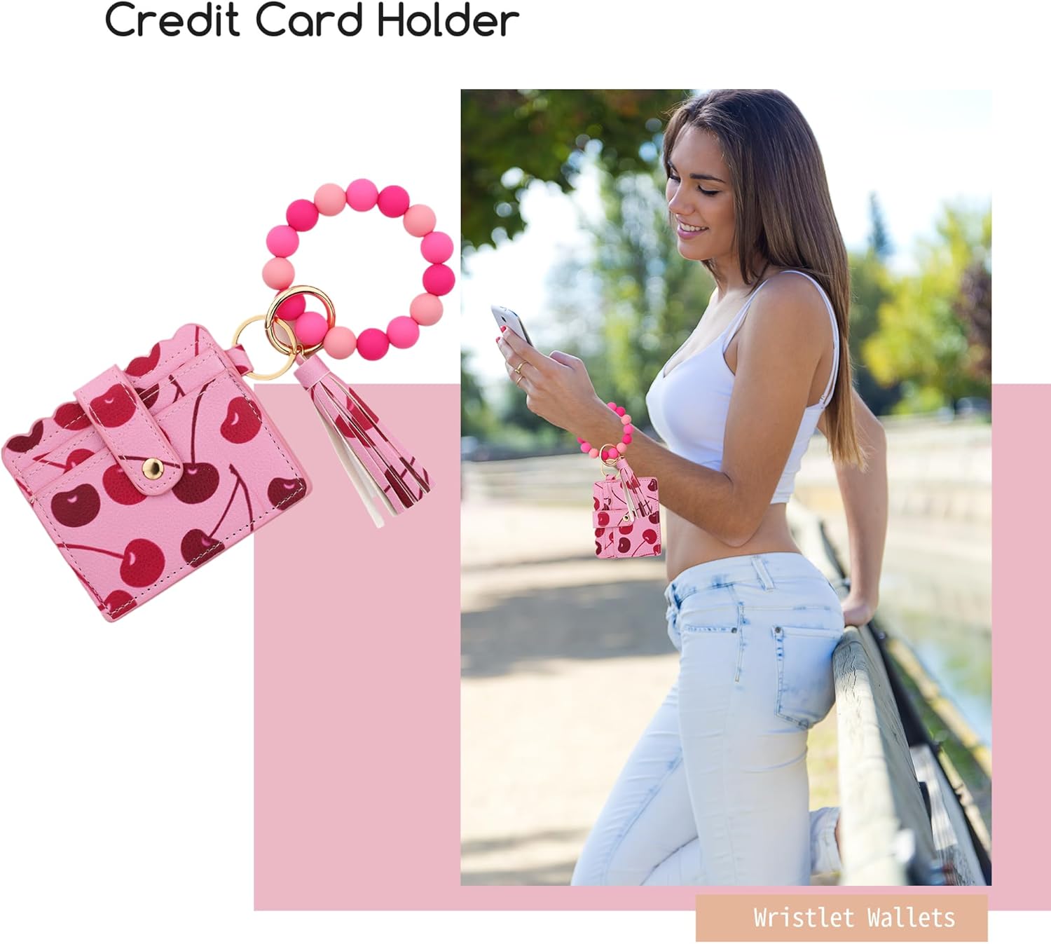 Printed Pattern Wristlet Keychain Wallet for Women Boho Credit Card Holder Aesthetic Bracelet Silicone Beaded Coin Purse (E) - Image 2