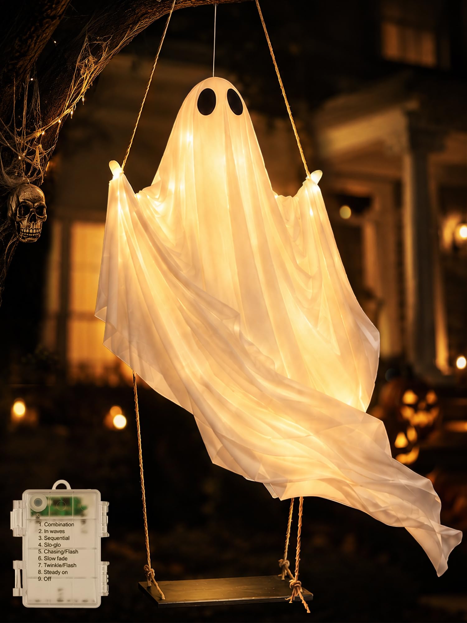 Brizled Halloween Swinging Ghost, 4.26ft Hanging Ghost Outdoor Spooky Decor | Wind Swaying Lighted Ghost; Battery Light String with 8 Modes; Pre-assembled; 6H Timer; Waterproof for Porch Yard Tree