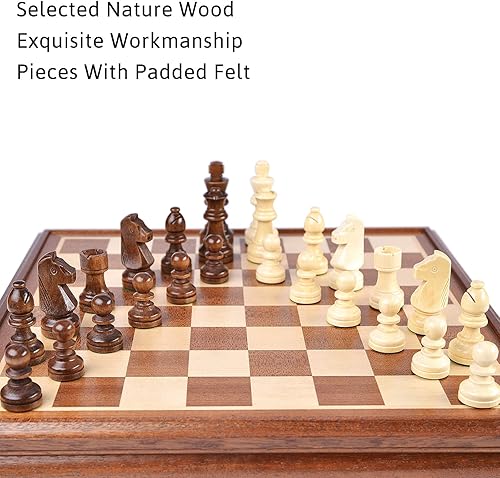 Miniatura 5 de VAMSLOVE Juegos de mesa de ajedrez y damas para adultos, caja de madera de lujo de 15 pulgadas con almacenamiento, tamaño grande clásico 2 en 1 con