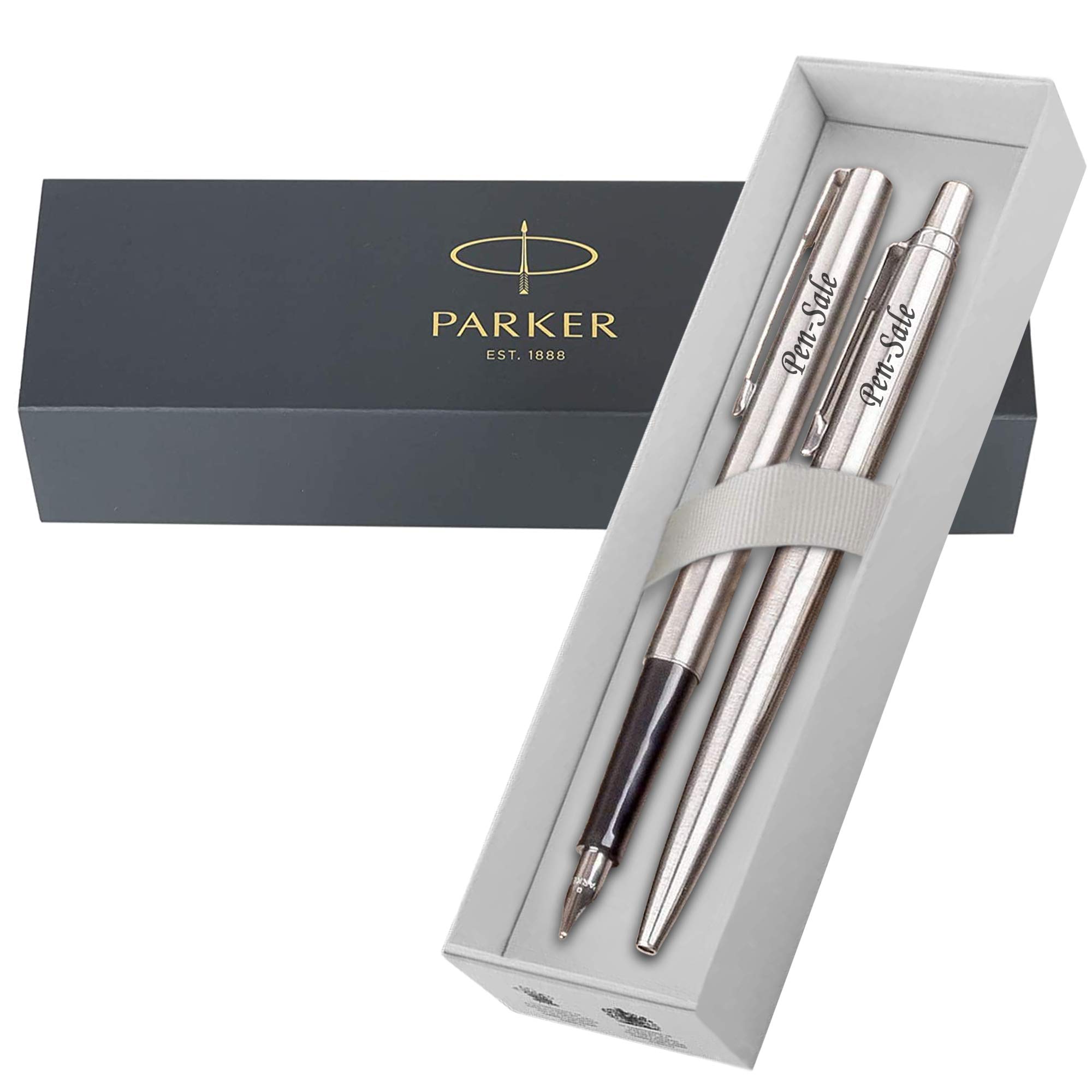 Personalised Engraved Parker Jotter Stainless Steel Ballpoint Fountain Pen Set, Plus Option of Box Engraving, Personalised Gifts For Anniversary, Gift Idea - Enter Your Custom Text