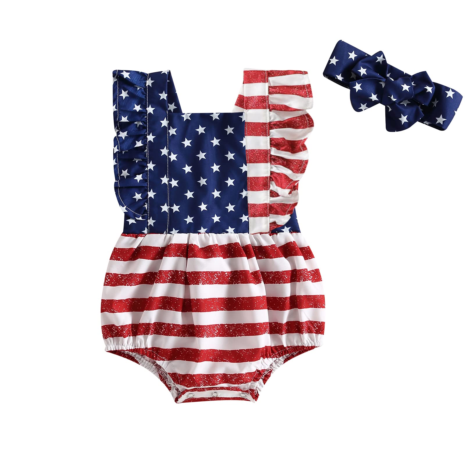 BowanadaclesBaby Girl 4th of July Outfits Infant Sleeveless American Flag Romper Ruffle Summer Vest Bodysuit with Headband