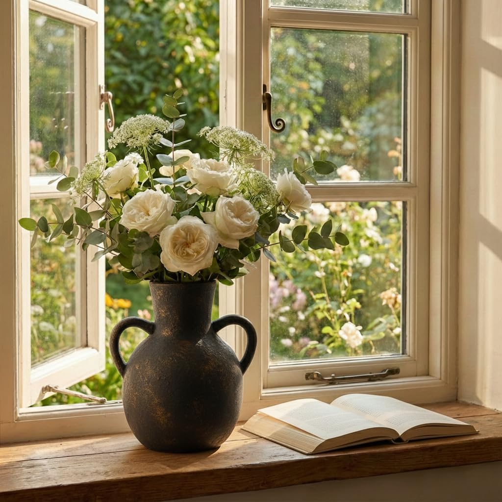 SIDUCAL Rustic Ceramic Farmhouse Flower Vase with 2 Handles, Terracotta Vase, Decorative Pottery Flower for Home Decor, Table, Wedding, Living Room, Shelf Decor, 7.3 Inch, Black Bronze - Image 6