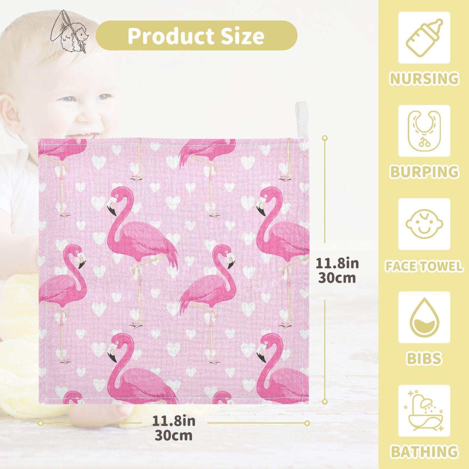 Nander 3Pack Baby Muslin Washcloths,Pretty Flamingo Soft Face Cloths for Newborn, Absorbent Bath Wash Cloths, Wipes, Burp Rag,Toddlers Essentials Stuff, Baby Registry as Shower