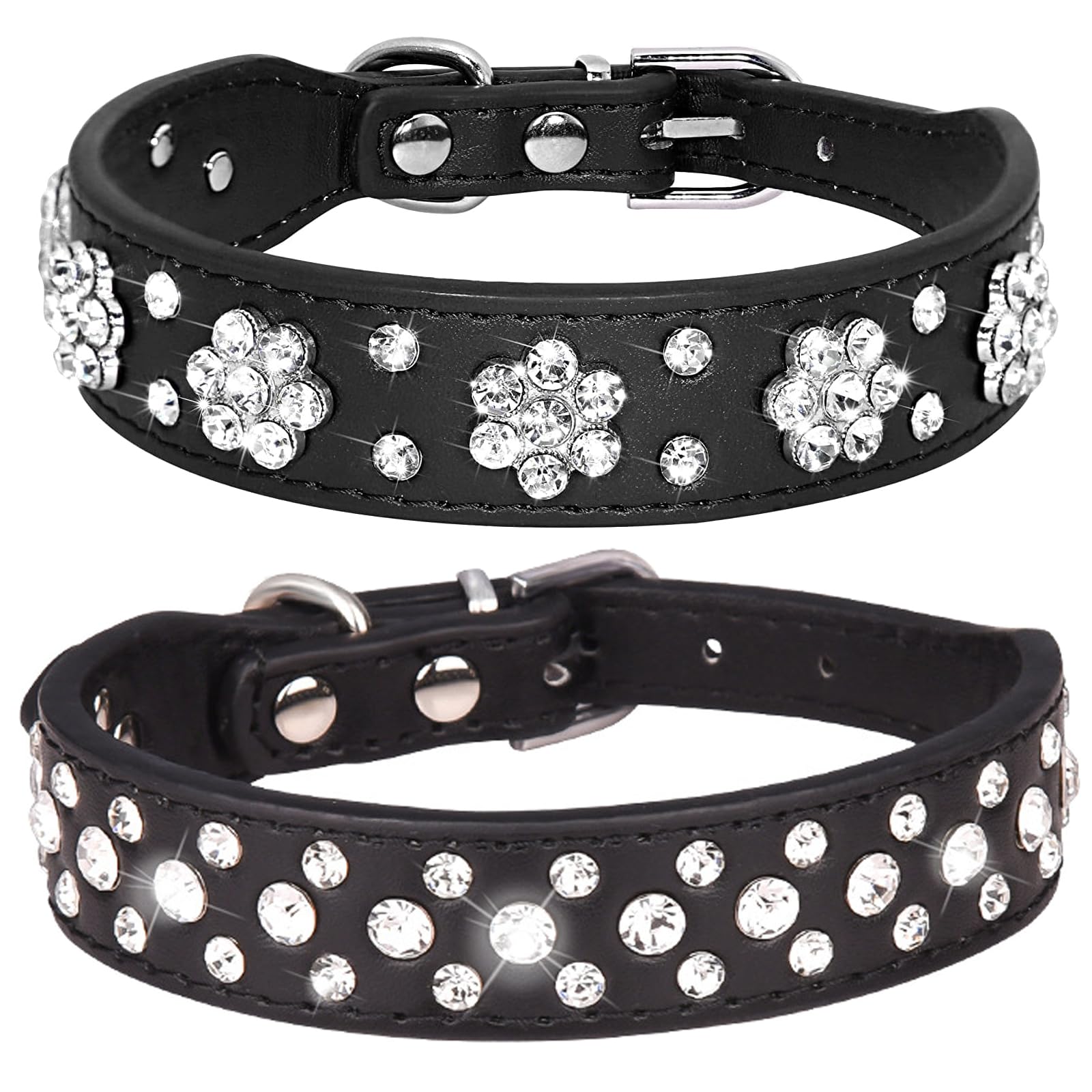 Collares de cuero negro para pasear perros y gatos con diamantes de imitación HALFSUMO