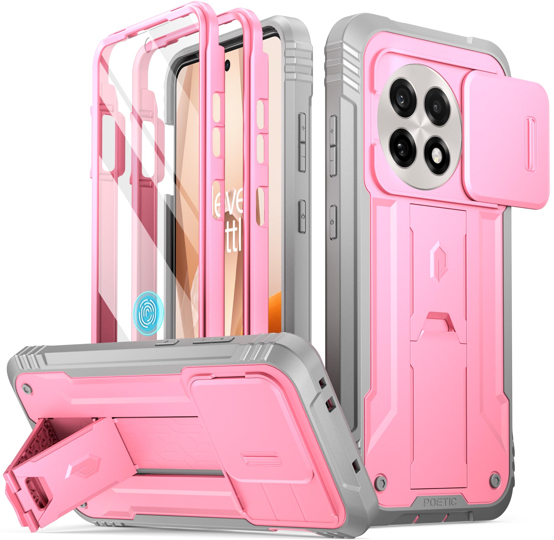 Poetic Revolution Case for OnePlus 13R 5G, [Slide Camera Cover], Built-in Screen Protector [Work with Fingerprint ID], [2 Front Frame] Full Body Rugged Shockproof Case with Kickstand, Light Pink