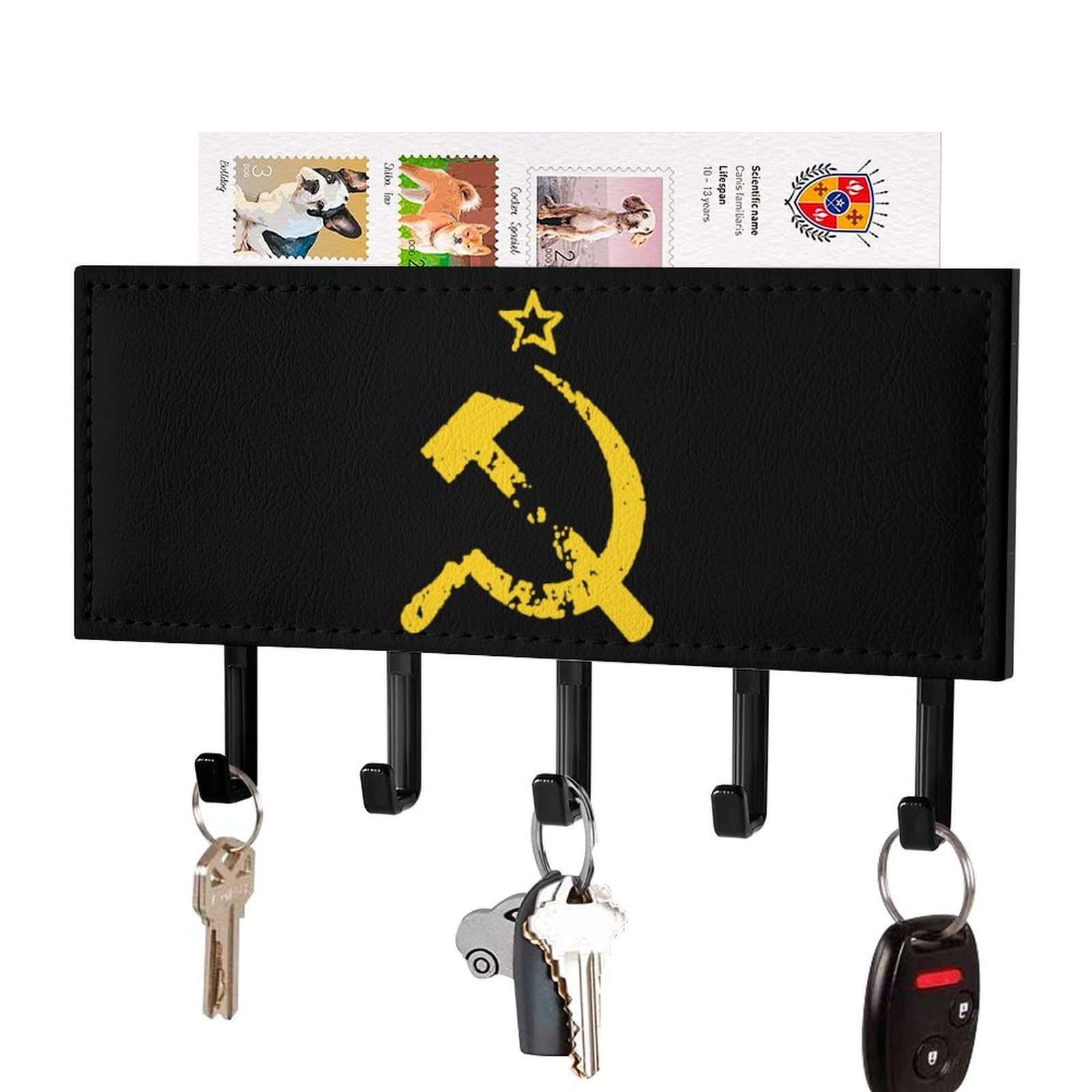 NCLQVJXZKHW Russian Soviet Flag Hammer and Sickle Key Holder with 5 Hooks Key Hooks Wall Mounted Key Racks Key Hanger Organiser Shelf
