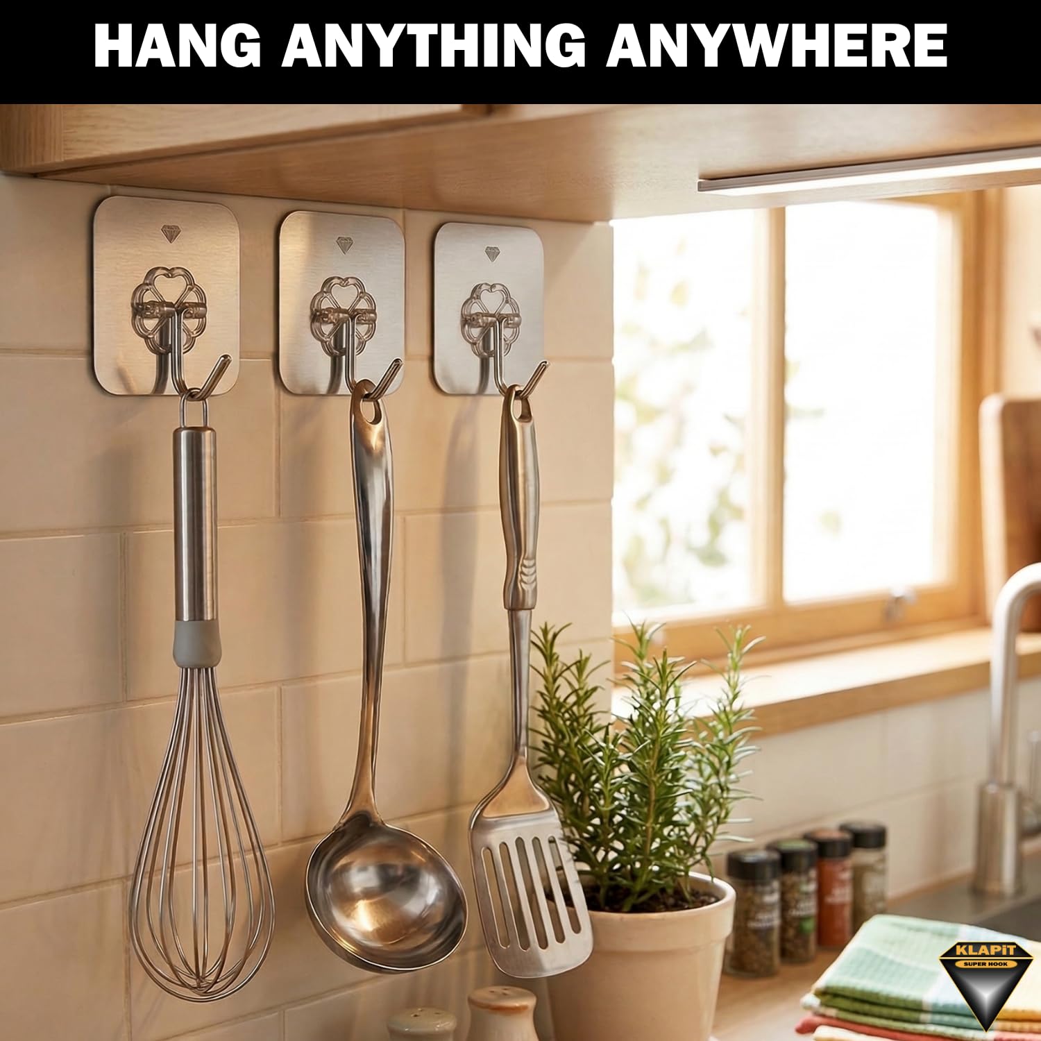 KLAPiT Super Hook - Ganchos adhesivos de pared resistentes, soportan 5 kg, sin taladrar, sin clavos, resistentes al agua y sin daños, solución para colgar para dormitorio, baño y cocina, transparente