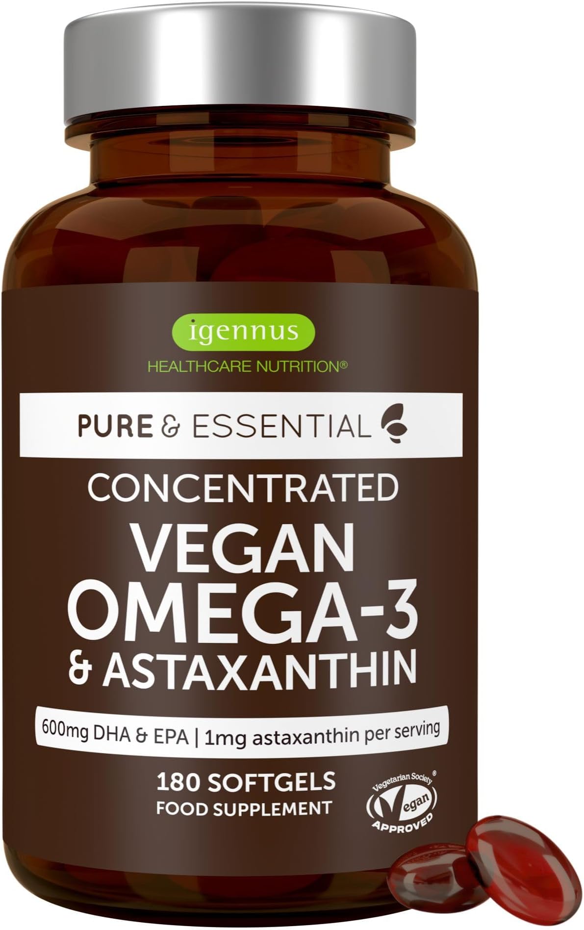 Igennus Vegan DHA & EPA Omega 3 90 Servings,1344mg Algae Oil & Astaxanthin Antioxidant, Pure & Sustainable, 400mg DHA & 200mg EPA, Easy-to-Swallow, 180 Small Softgels