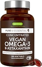 Igennus Vegan Omega-3 Algae Oil, IAOS Tested Pure & Sustainable, 90 Servings, DHA 400mg & EPA 200mg, with Astaxanthin Antioxidant, 180 Small Easy-to-Swallow Softgels