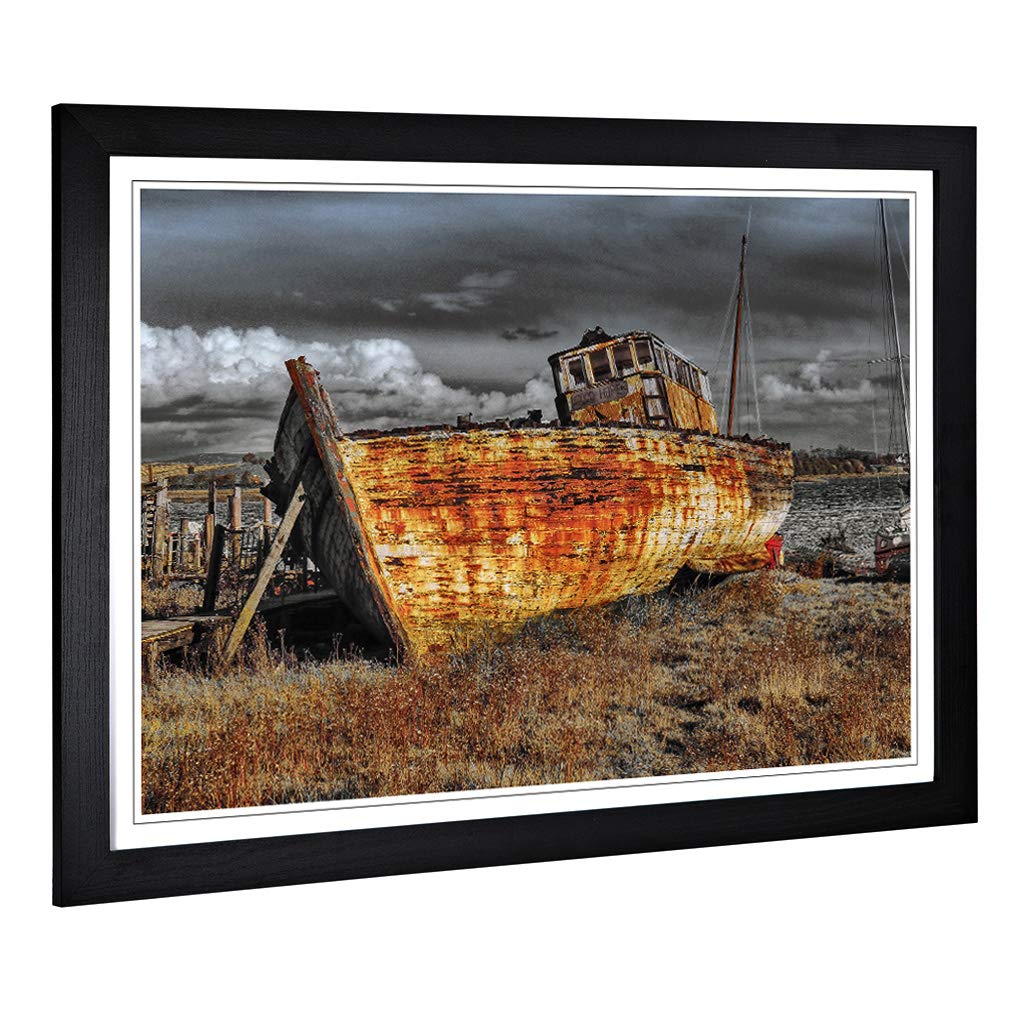 Big Box Art Framed Print of Stranded Boat Wreck on Beach (3) Design | Wall Art Picture | Home Decor for Kitchen, Living Room, Bedroom, Hallway, Black, A2 / 24.5x18 Inch / 62x45cm