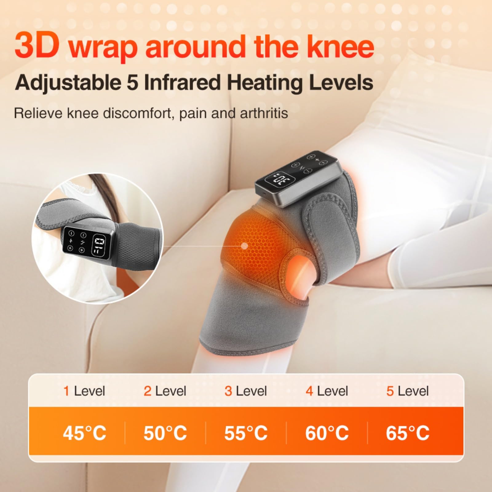 Massaggiatore Termico per Ginocchia con Vibrazione, Fascia 2-in-1 per Gomito e Gamba con Riscaldamento e Massaggio, 5 Livelli di Calore & 3 Modalità, Display Digitale