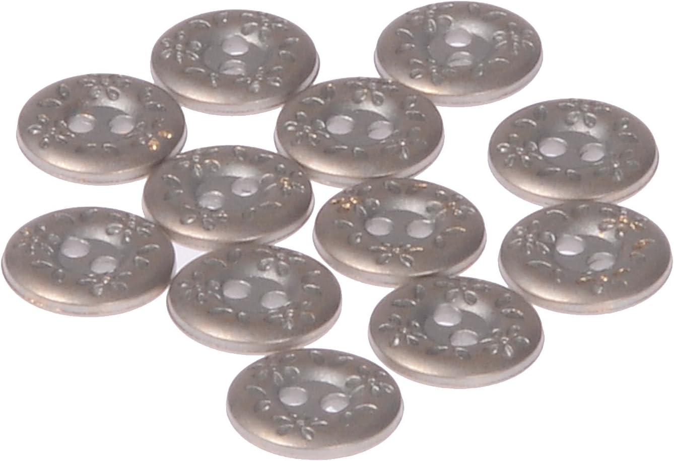 Mibo Buttons & Accessories 12pcs ABS Metal Plated Button - 2 Hole - Engraved Flower and Leaf Design - 24L(15mm) - Silver Brass