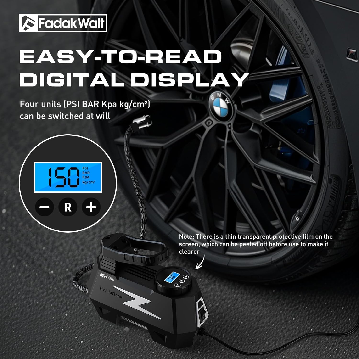 FADAKWALT Tire Inflator Portable Air Compressor, 12V DC Car Air Pump with Auto Shutoff, 150 PSI Digital Gauge, LED Light, Metal Valve Connector, Accessories for Cars Large Sliver