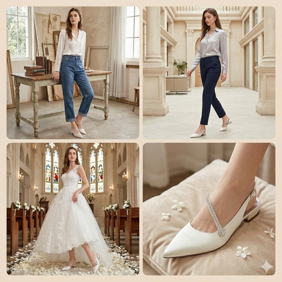 Zapatos Destalonados de Satén con Tira de Brillos Punta Fina Tacón Bajo Cómodos Elegantes para Eventos Oficina o Estilo Casual Chic