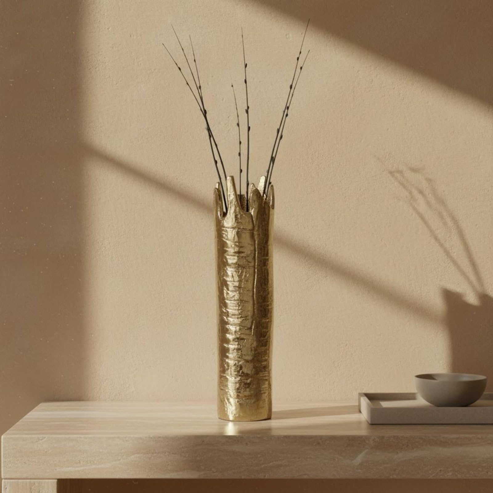 Jarrón Decorativo Cilíndrico Florero Metálico Centro de Mesa Recipiente para Ramas Acabado Artesanal Que Arreglos de, Jarrón De Aleación De Aluminio Dorado Pálido, Tamaño Grande